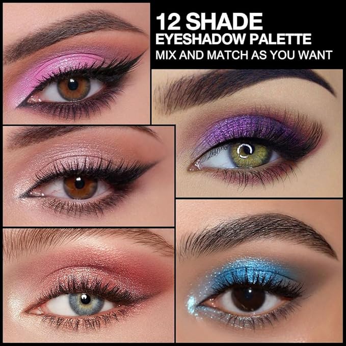 Twelve Eyeshadow Palette, Nude Brown Black Sky Blue Rose Pink Champagne Eyeshadow Palette Makeup,Highly Pigmented Pressed Powder Eyeshadow for Woman girls Eyes Long Lasting Naturing-Looking 02