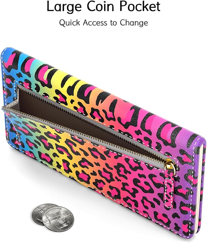 Nipichsha Womens Wallet, RFID Slim Wallets for Women, Thin Ladies Credit Card Holder Purse, Cute Leather Bifold Clutch Billfold with 11 Card Slots & ID Window, Colorful Leopard Print