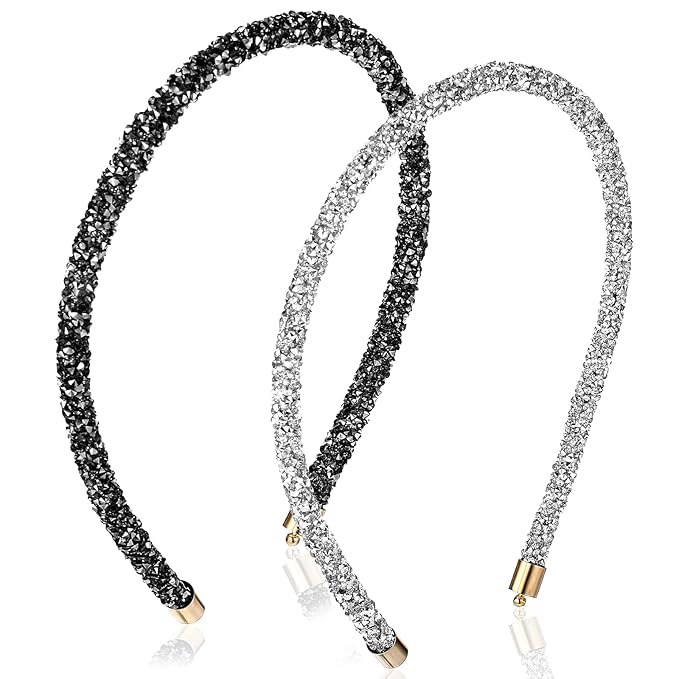 2Pcs Diamond Headband, Sparkly Rhinestone Headband for Women Girls Glitter Crystal Headbands Bling Hair Styling Accessories for Wedding Birthday Party (Black and White)