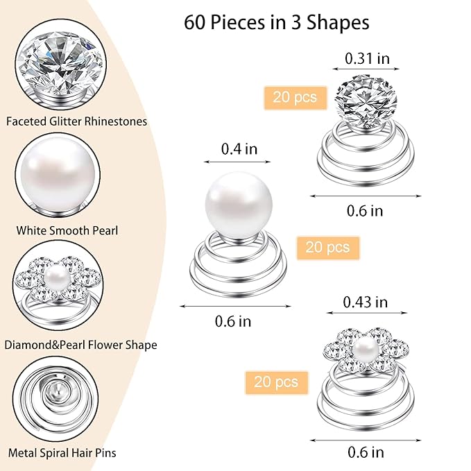 60 PCS 3 Shapes Gems Rhinestone Twister Hair Studs Set Diamond Spiral Pearl Flower Jewels Hair Pins Sticks for Wedding, Bridal, Prom, Party and Special Occasion (Diamond&Pearl&Flower)