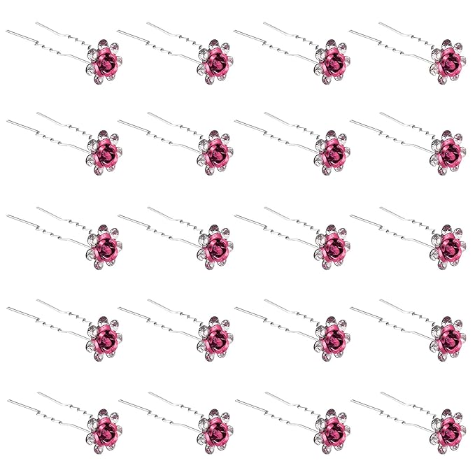 20 Pack (Pink) Crystal Hair Pins Rose Flower Rhinestone Hair Clips for Bridal Wedding Women Hair Jewelry Accessories, with Clear Container
