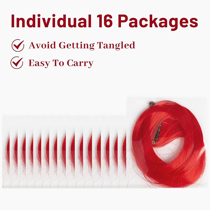 16 Pcs Colored Hair Extensions Curly Wavy Clip in Synthetic Hairpiece Streak for Girls Women Kids,Multi-colors Party Highlights Cosplay Festival Gift(Red)