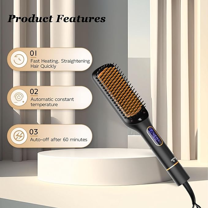 Nicebay Straightener Brush, Rotatable Temperature Adjustment Hair Straightening Brush, Auto-Off & Led Display Hair Straightener Comb for Women