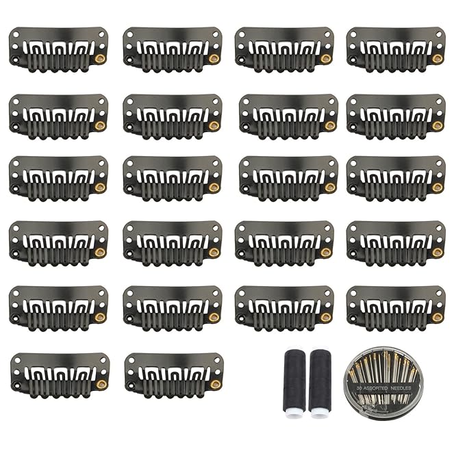 30pcs Hair Extension Clips U-Shape Stainless Steel Snap Clips for Wigs and Hair Extensions and Hairpieces, 30 Assorted Sewing Needles and 2 Rolls Thread (Black)