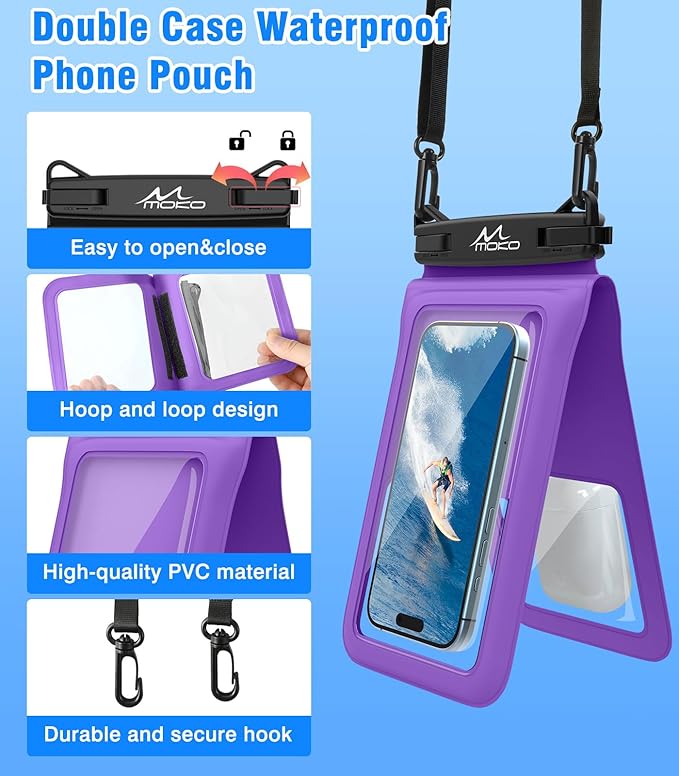 MoKo Double Case Waterproof Phone Pouch, 2Pack Waterproof Phone Case Dry Bag with Adjustable Lanyard Compatible with iPhone 15 14 Pro Max Galaxy S23 Ultra/Note 20 Ultra Up to 7 Inches, Black+Purple