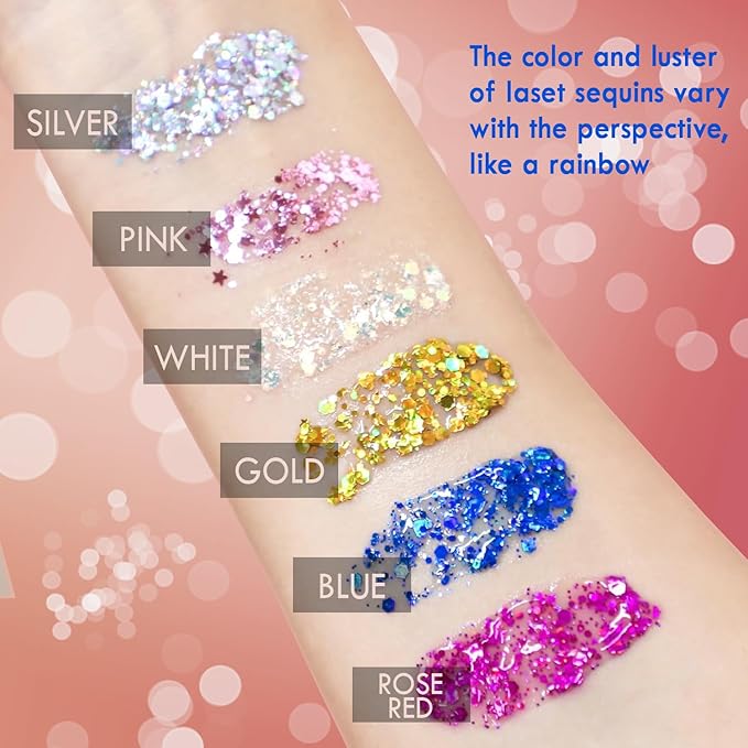 JASSINS 2 Pack Face Body Glitter, 100ml Rose-red and White Glitter Gel Makeup for Women Girls Kids, Singer Concerts Festival Rave Accessories, Chunky Mermaid Sequins Glitter