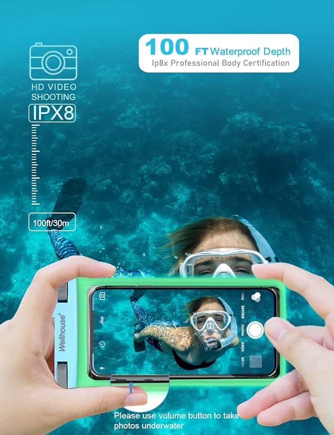 wellhouse Waterproof Phone Pouch, Waterproof Phone Case for iPhone 16 15 14 13 12 Pro Max XS Samsung, IPX8 3D Cellphone Dry Bag Beach Essentials (1 Pack - Luminous Light Blue7.0, 7 inch)