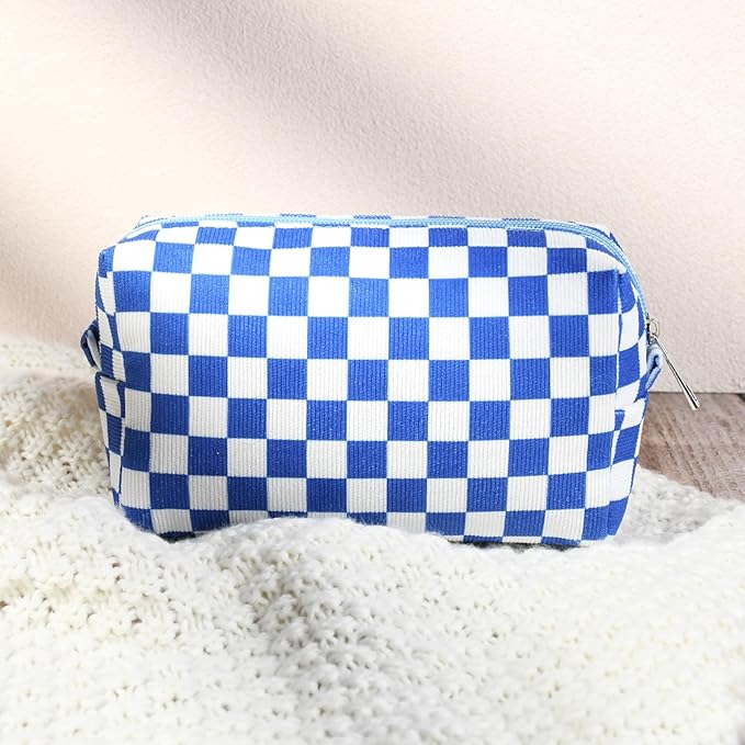 2 Pcs Checkered Makeup Bag Large Cosmetic Bag Toiletry Bag Makeup Pouch Travel Bag Organizer Cute Makeup Brushes Aesthetic Accessories Storage Bag for Women Royal Blue