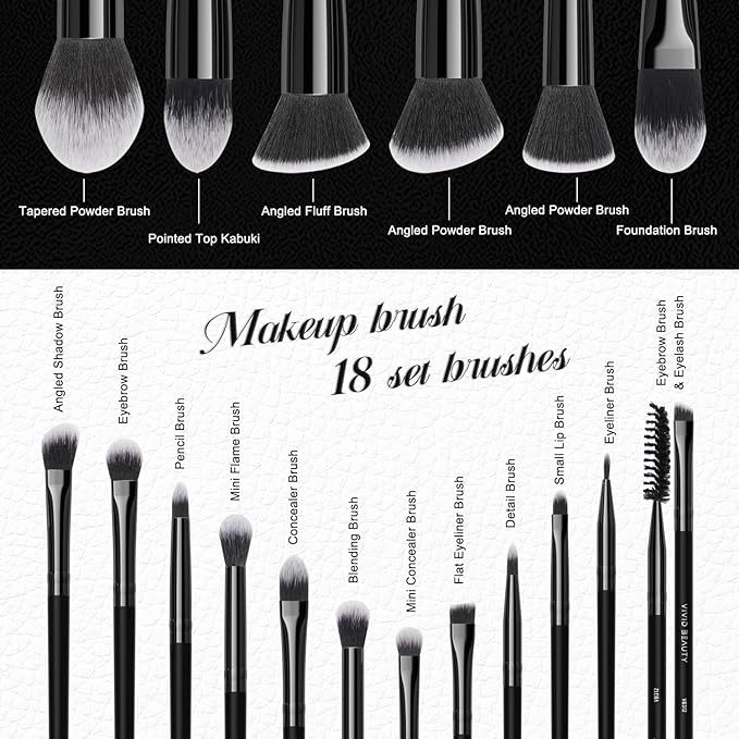 18pcs Makeup Brush Set with Case Dense Synthetic Fiber Premium Metal Ferrule Wood Handle Brushes Includes Powder Foundation Blush Eyeshadow Kit Professional Make up Tools for Women(Black)