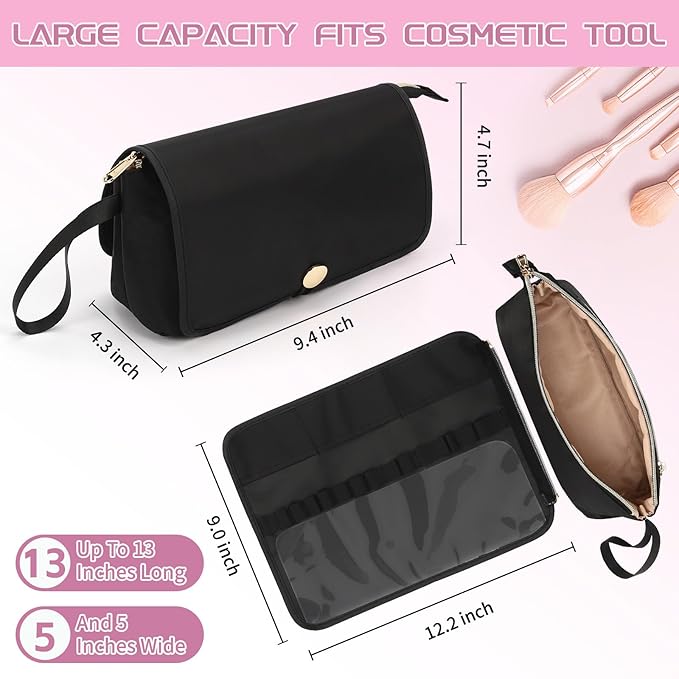 OCHEAL Makeup Brush Holder and Makeup Bag 2 in 1,Makeup Pouch with Brush Organizer,Travel Makeup Brushes Bag Cosmetic Bags for Women Portable Roll-up Makeup Case -Black