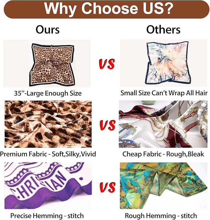 35 x 35 Women's Fashion Pattern Large Square Silk Like Hair Scarf Head Sleeping Wrap Satin Neck Bandana for Gift…