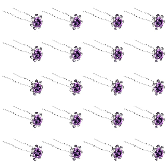 20 Pack (Violet) Crystal Hair Pins Rose Flower Rhinestone Hair Clips for Bridal Wedding Women Hair Jewelry Accessories, with Clear Container