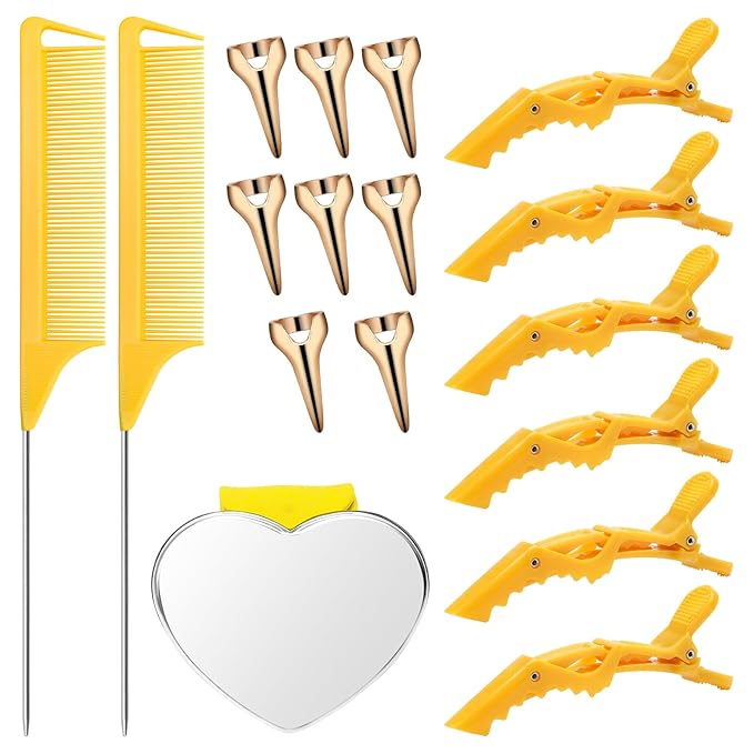 17 Pieces Hair Parting Tools Set Heart, Included 8P Parting Ring 2P Metal Rat Tail Comb 6P Hair Sectioning Clip with 1P Magnetic Wrist Sewing Pin Holder for Braiding (Yellow)
