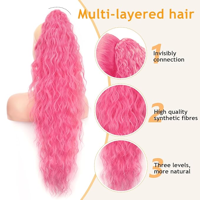 ORSUNCER Ponytail Extension Claw 30" Curly Pony Tail Clip in Claw Hair Extensions Fluffy Natural Looking Synthetic Hairpiece for Women Pink