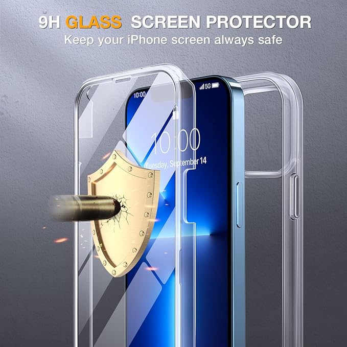 Miracase Glass Series for iPhone 13 Pro Max Case 6.7 Inch, Full-Body Protective Bumper Case with Built-in 9H Tempered Glass Screen Protector and Camera Lens Protector, B-Clear