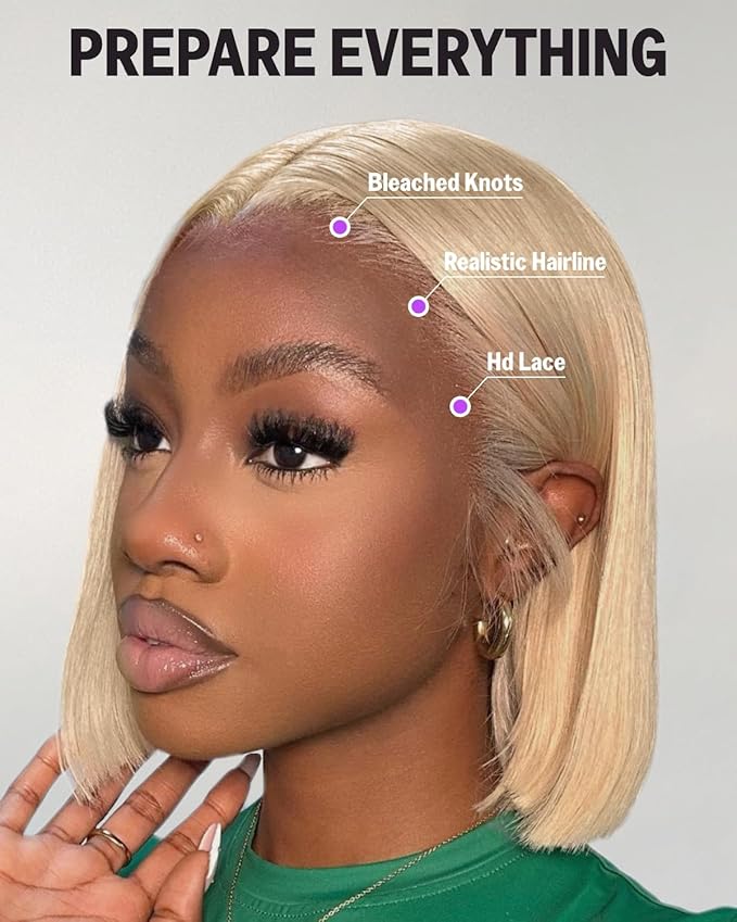 613 Bob Wig Human Hair Glueless Ready to Go Blonde Wig Human Hair Pre Plucked Pre Cut 6x5 HD 613 Lace Front Wig Human Hair 12Inch