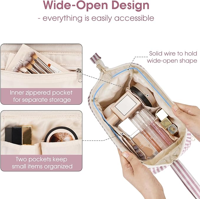 Narwey Striped Makeup Bag Women Wide-open Make up Bag Travel Cosmetic Bag Organizer Toiletry Bag for Cosmetics Toiletries Accessories (Dusty Rose Stripe)
