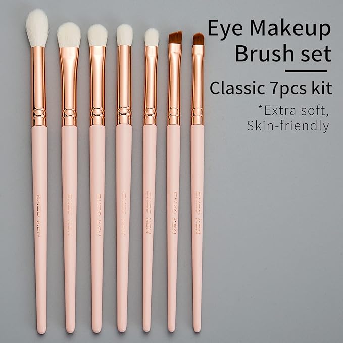 Natural Goat Hair Eye Shadow Brush Set, ENZO KEN Fluffy Blending Eyeshadow Brush Set with Case, Small Nose Contour Brush, Natural Hair Eyeshadow Brushes, Eye Brush, Eyeshadow Blending Brush. Pink,E400