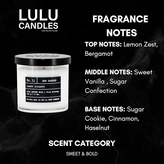 Lulu Candles | Lemon Biscotti | Luxury Scented Soy Jar Candle | Hand Poured in The USA | Highly Scented & Long Lasting (6 Oz.)