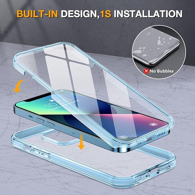 Miracase Glass iPhone 13 Case 6.1 inch, 2023 Upgrade Full-Body Clear Bumper Case with Built-in 9H Tempered Glass Screen Protector for iPhone 13,Clear Blue