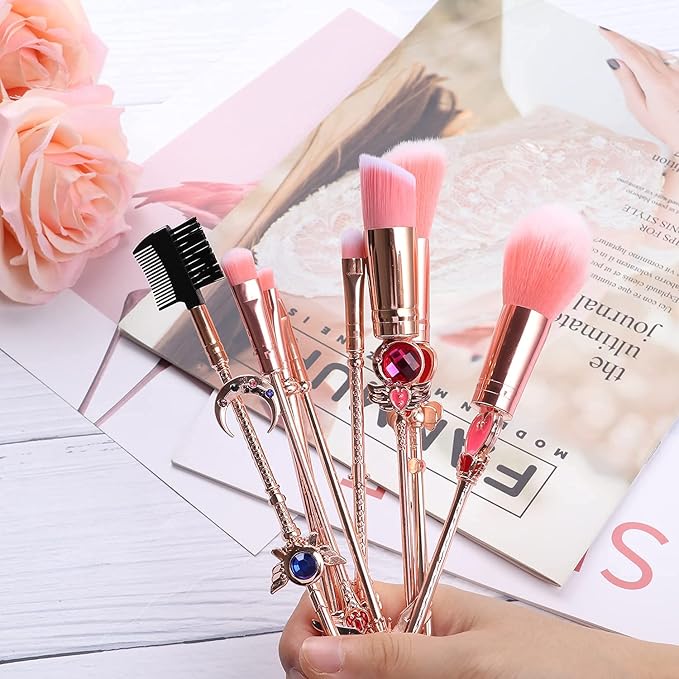 Makeup Brushed Set 8PCs Sailor Moon Magical Girl Golden Cosmetic Brush Tool Pink Eyeshadow Brushes Eyeliner Eyebrow Essential Cosmetic Brush Kits