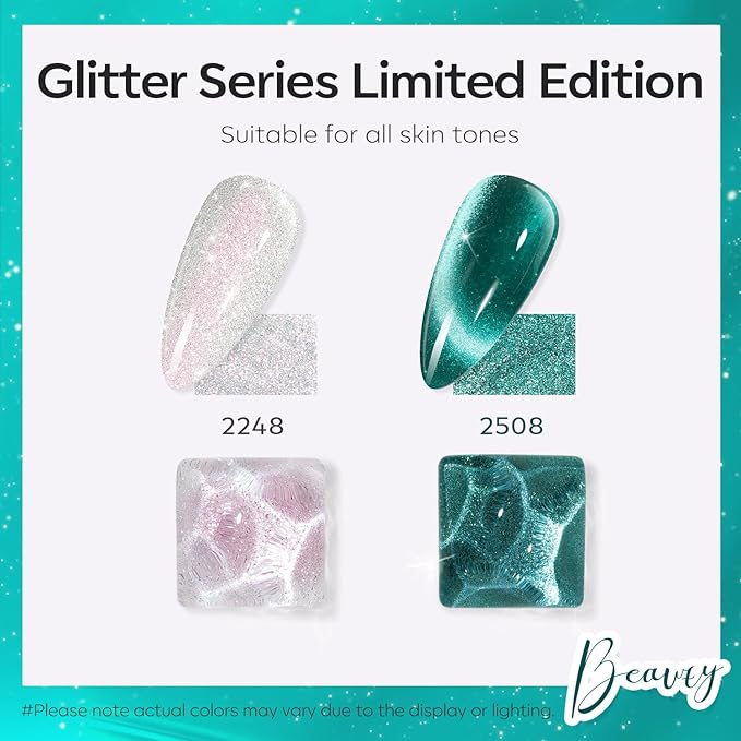 modelones Gel Nail Polish Set 2 PCS 15ML White Green Cat Eye Gel Nail Polish Glitter Holographic Shimmer 9D Cat Eye Gel Polish With Magnet Soak Off Led Nail Art Gel DIY Salon Gift For Women Girl