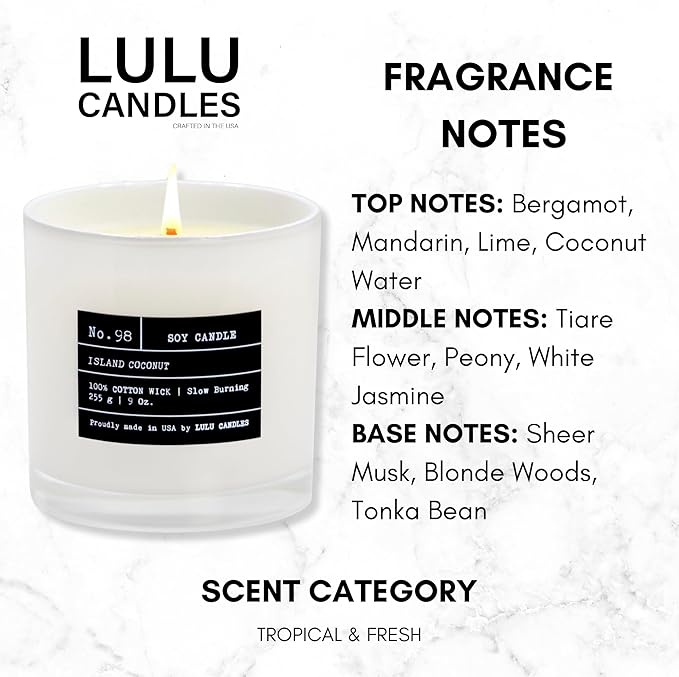 Lulu Candles | Island Coconut | Luxury Scented Soy Jar Candle | Hand Poured in The USA | Highly Scented & Long Lasting (9 Oz.)