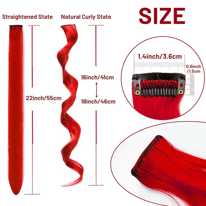 16 Pcs Colored Hair Extensions Curly Wavy Clip in Synthetic Hairpiece Streak for Girls Women Kids,Multi-colors Party Highlights Cosplay Festival Gift(Red)