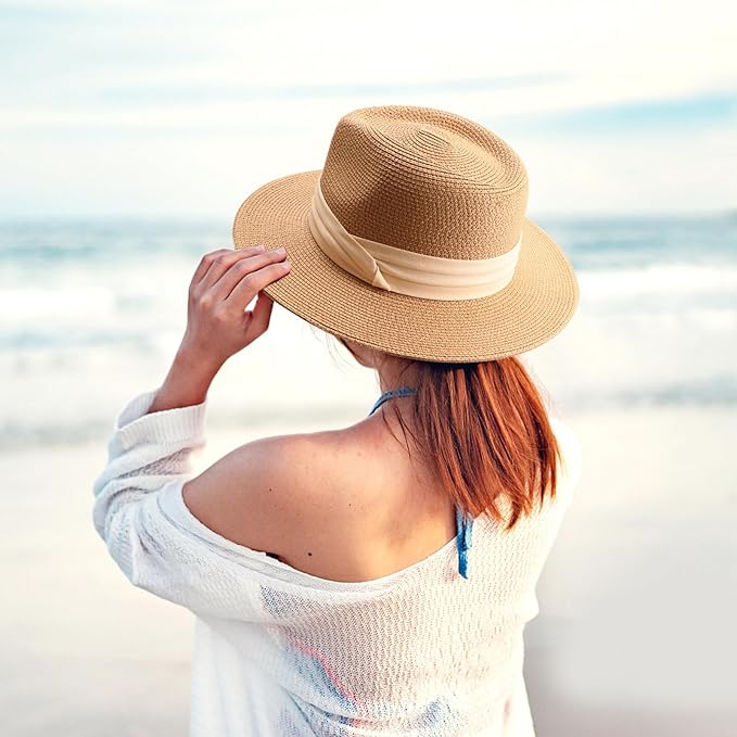 DRESHOW Women Straw Panama Hat Travel Fedora Beach Sun Hat Summer Wide Brim Straw Roll up Hat UPF 50+