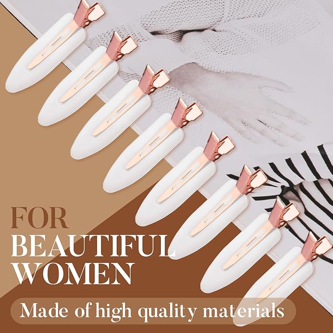D 8 Pcs Hair Clips - No Bend No Crease Hair Clips - Flat Makeup Clip for Women and Girls - Creaseless Hair Clip for Hairstyling Bangs Salon Rose Gold Handle - white