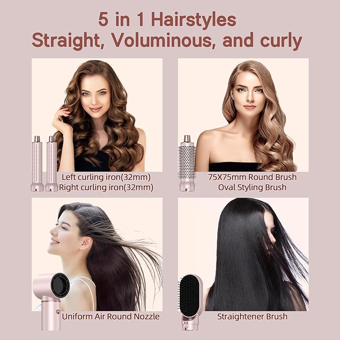 5 in 1 Hot Air Brush - Blow Dryer Brush & Air Curling Wrap Styler with Negative Ion Technology, Hair Dryer Brush for Drying, Curling, Straightening & Styling, Professional Hair Styling Tools