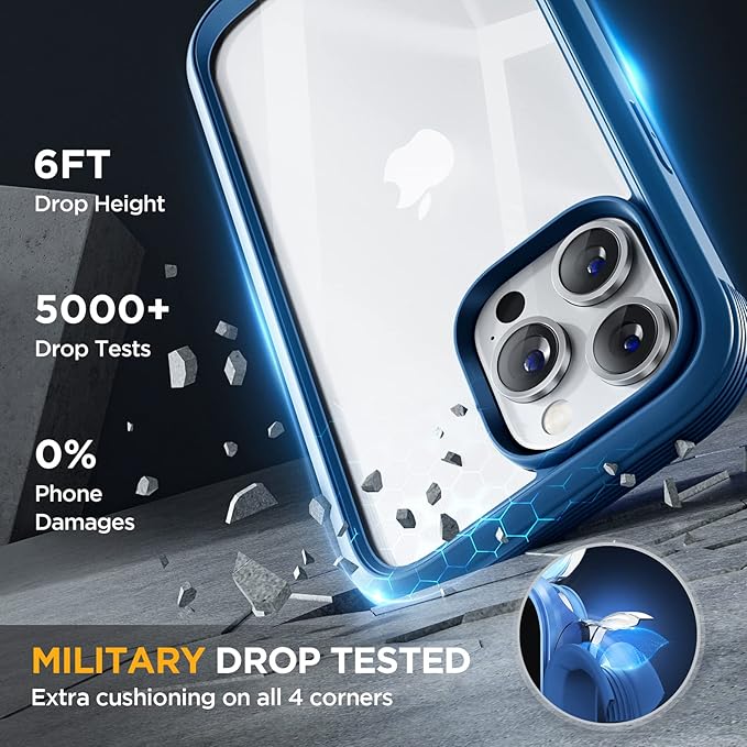 Miracase Glass Series for iPhone 14 Pro Case 6.1 Inch, Full-Body Clear Bumper Case with Built-in 9H Tempered Glass Screen Protector, with Camera Lens Protector, Capri Blue