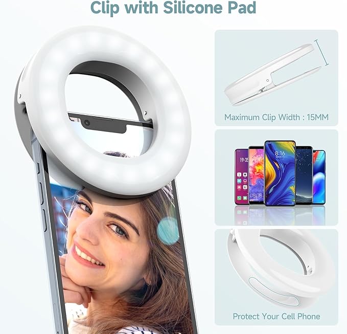 Selfie Ring Light , Rechargeable Selfie Fill Light with Retaining Clip On, Video Conference Light for Phone, Laptop, Zoom Meeting, Make up