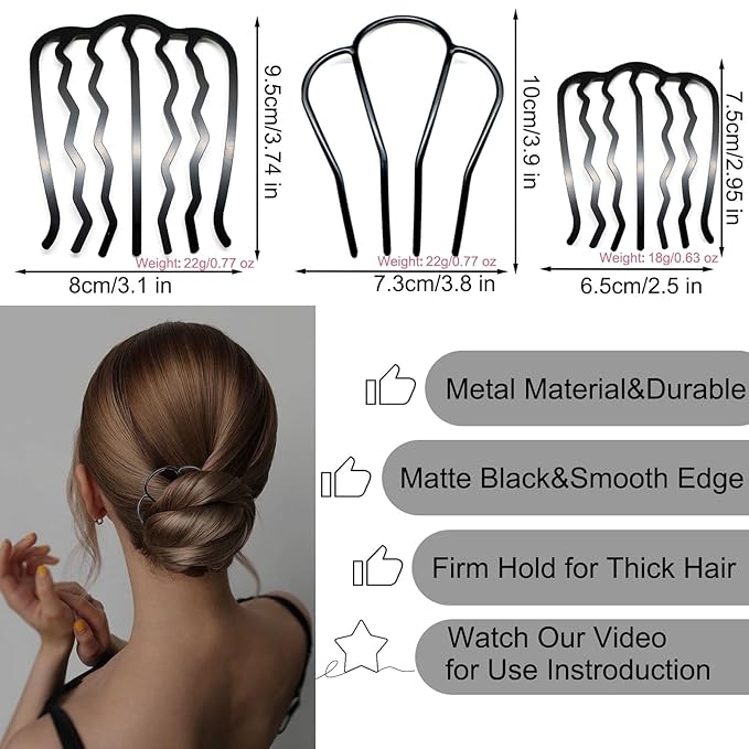 6 PCS Metal Hair Side Combs Pins Fork Clip Teeth Stick for Updo Bun, U Shape Hair Accessories for Vintage Hairstyle, Matte Black for Thick Hair