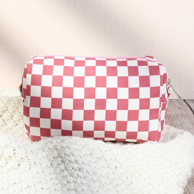2 Pcs Checkered Makeup Bag Large Cosmetic Bag Toiletry Bag Makeup Pouch Travel Bag Organizer Cute Makeup Brushes Aesthetic Accessories Storage Bag for Women Peach Pink