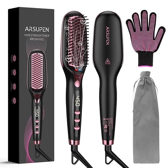 OMTech Hair Straightener Brush, Heated Brush for Women with Anti-Scald, Auto Temperature Lock and Auto-Off, MCH Fast Heating, Home, Barber Shop