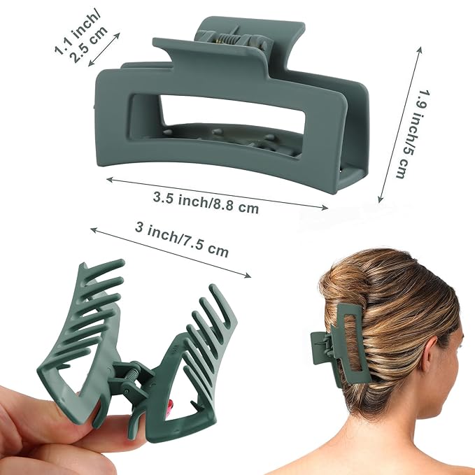 6 Pack Square Claw Clips for Women Girls, 3.5" Medium Non-slip Rectangular Matte Claws Strong Jumbo Hair Styling Accessories for Thin Hair, Light Green
