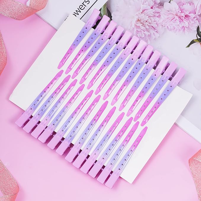 24 Packs Duck Bill Clips, Bantoye 3.35 Inches Rustproof Metal Alligator Curl Clips with Holes for Hair Styling, Hair Coloring, Gradient Pink