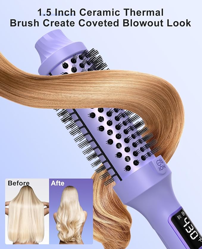 Nimmu 1.5 inch Heated Round Brush - Hot Brush Styler with 10 Temperature Control, Dual Voltage for Travel, Purple