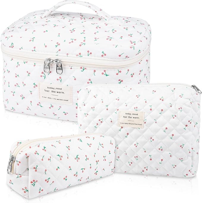 3PC Quilted Makeup Bag, Large Floral Makeup Bags for Women, Cute Cotton Cosmetic Bag Set, Flower Travel Toiletry Organizer Bags (white cherry)