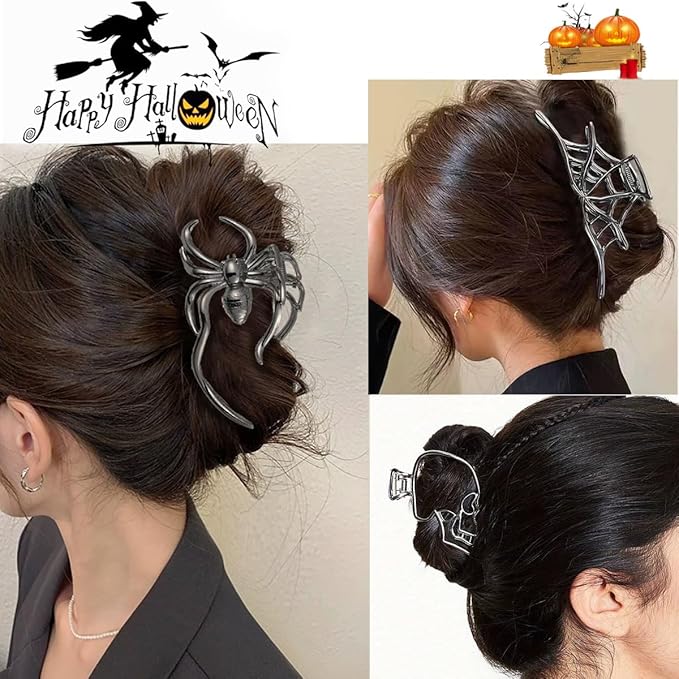 3 Pieces Large Metal Spider Net Hand Hair Claw Clips for Women and Girls Thick Long Hair, Nonslip Skeleton Spooky Barrette Headband Hair Styling Accessories for Halloween Christmas Gifts