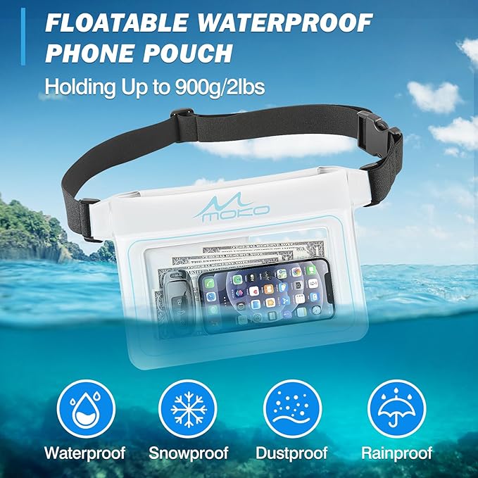 MoKo Waterproof Phone Pouch Pack, Floating Large Capacity Dry Bag for Kayaking Snorkeling Swimming, Compatible with iPhone 15 14 13 12 11 Pro Max X/Xr/Xs Max, Galaxy S23 Ultra/Note 20 Ultra, White