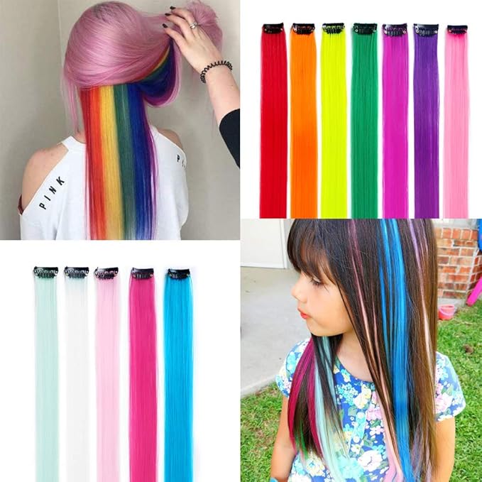 32Packs Colored Hair Extensions 20Inch Straight Color Clip in on Hair Extension Rainbow Party Highlights Synthetic Hairpiece for Girls (16 colors)