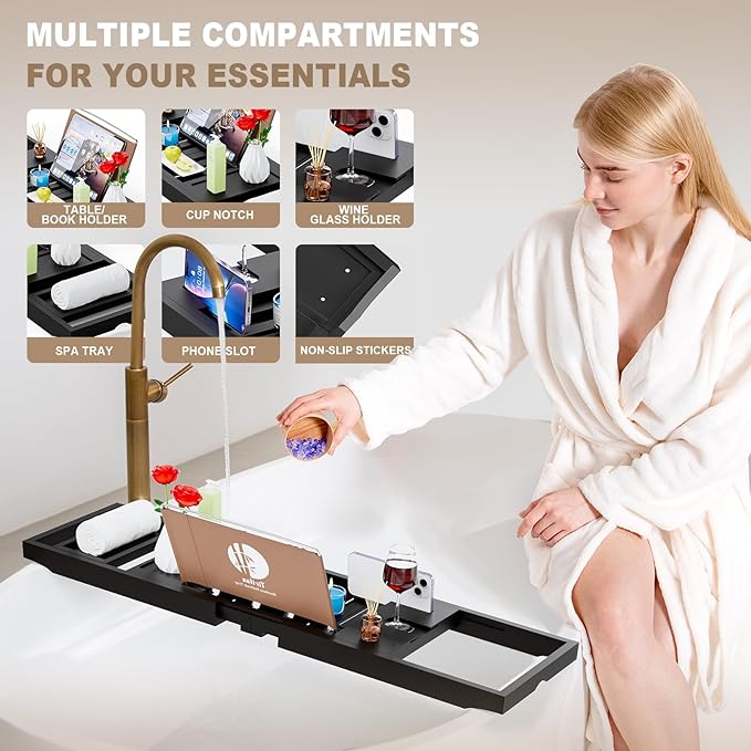 Yirilan Foldable Bathtub Caddy, Expandable Bath Tray, Unique House Warming Gifts, New Home, Anniversary and Wedding Gifts for Couple, Black