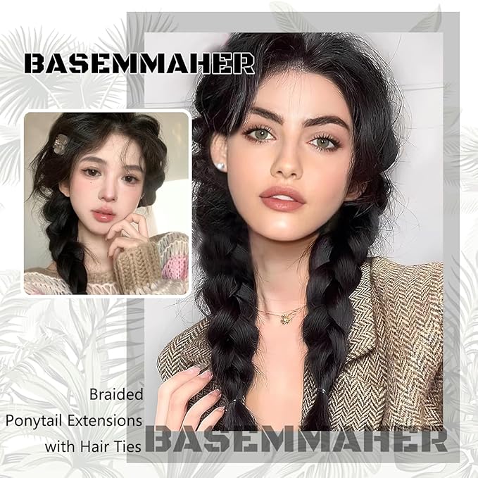 2Pcs Braided Ponytail Extensions with Hair Ties Soft Synthetic Hair Pieces Straight Wrap Around Hair Extensions Pony Tail Hairpieces Accessories for Women Daily Wear 16 Inch (Natural Black)