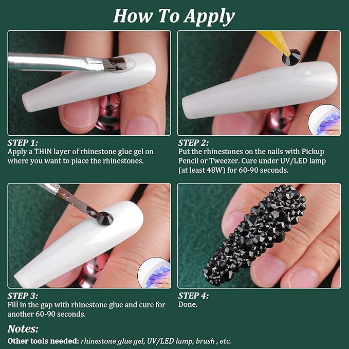 6 Sizes Black Glass Crystal Kit with Pickup Pen + Tweezer Tools for Shine Nail Art Manicure Makeup DIY Decoration Flatback Round Rhinestone Gem Jewelry Diamond