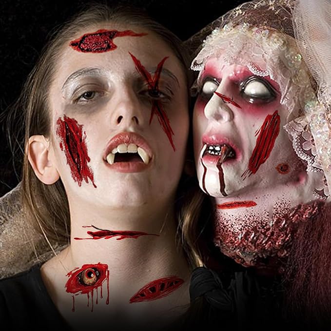 60+PCS 10 Sheets Fake Scars Temporary Tattoos, Horror Realistic Scary Blood Zombie Face Stickers, Halloween Simulation Wounds Stitches Body Makeup, Chucky Cosume Prank Cosplay Kids Men Women Adults A