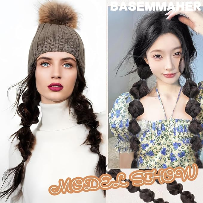 2 Pcs Bubble Ponytail Wig Synthetic Braided Hair Extensions With Ties and Band Wrap Around Hairpieces for Women Girls Daily Wear Accessories (Brownish Black)