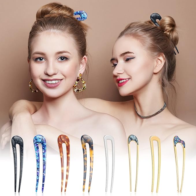 8 Pieces U Shaped Hair Pins French Pins Metal U Vintage Fork Hair Pin for Buns Women Girls Hairstyle Accessories(Classic Patterns)