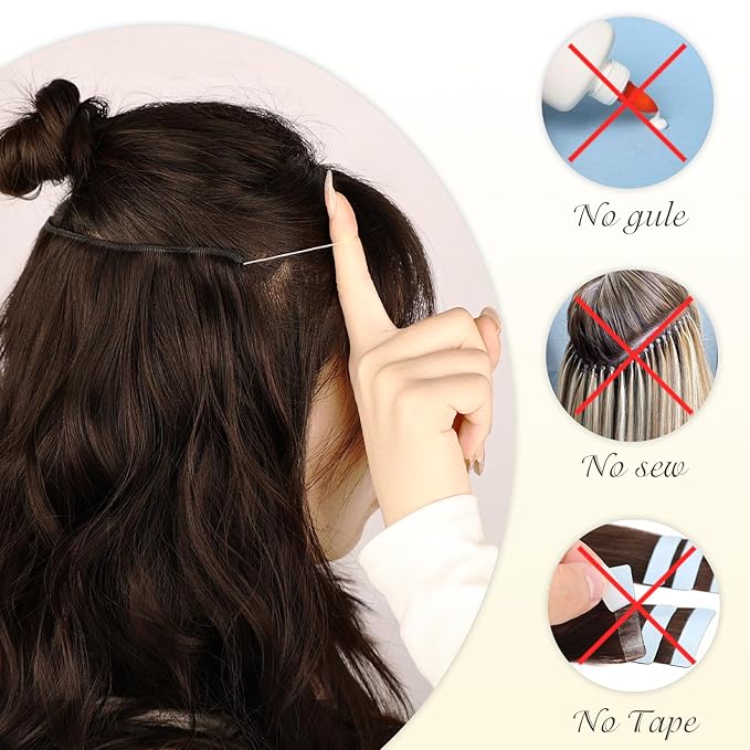 MORICA Invisible Wire Hair Extensions - 20 Inch Blonde Long Wavy Synthetic Hairpiece with Transparent Wire Adjustable Size, 4 Secure Clips for Women
